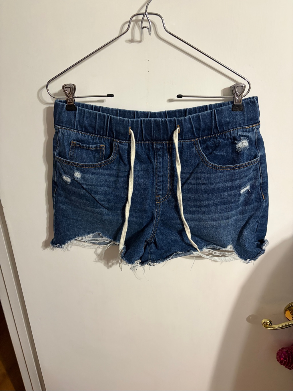 Large Casual Blue Distressed Drawstring Jean Shorts